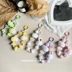 小豬毛絨撞色手繪珠鏈鑰匙扣掛件卡通鑰匙扣蝴蝶結手機鏈掛飾鏈條