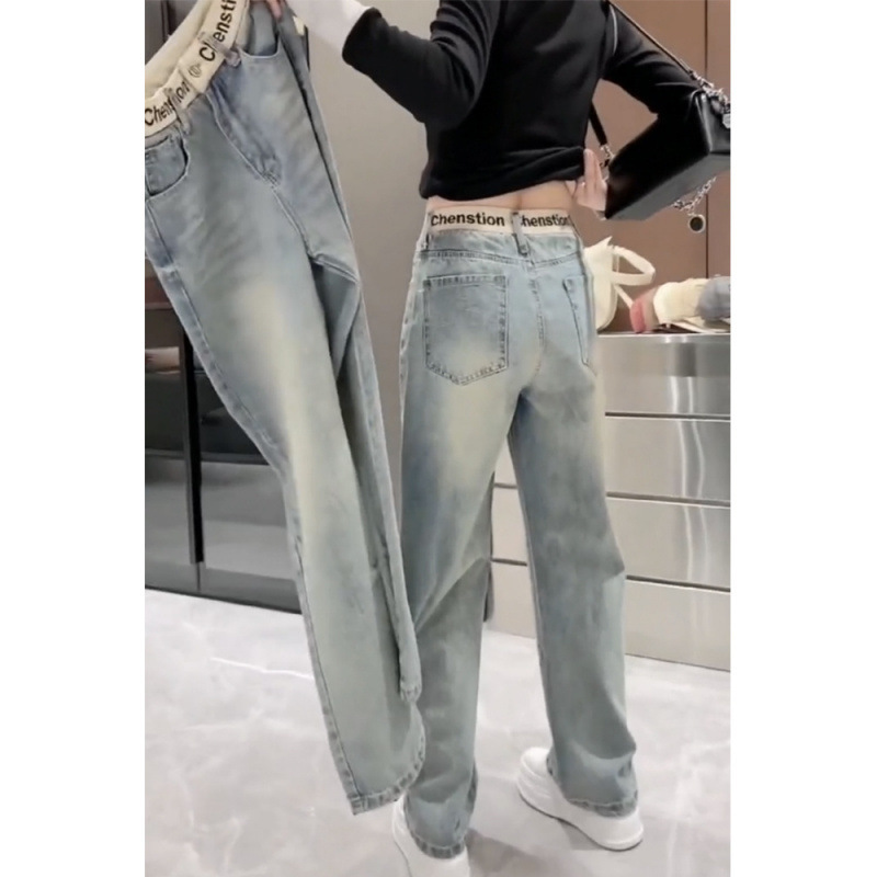 女性用ストレートジーンズ2025新作夏スリムフィットハイモップパンツ大きいサイズハイウエスト肉をカバーするワイドレッグパンツ|undefined