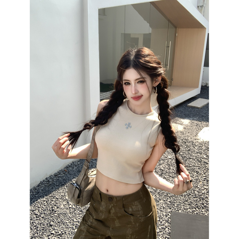 Hot Girl Black Round Neck Crop Top Camisole Women's Summer New Style Workwear Sports High-Waisted Short Sleeveless Top