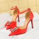 9863-H32 Korean hollow high heeled shoes with pointed silk satin rhinestone buckle and bow tie, with sandals and high heels for women