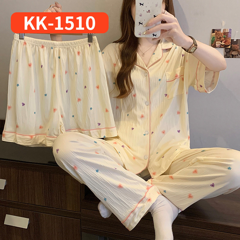 ネットセレブ人気の女性用半袖パジャマ、夏のストライプリボン、スイートホーム服、しわのある布の3点セット、リアルショット卸売|undefined