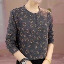 一件代发春秋冬新款打底衫中老年妈妈复古印花撒银上衣长袖t恤衫