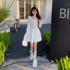 白色蕾丝毛绒针织毛衣连衣裙女秋冬圣诞穿搭大衣内搭打底蓬蓬短裙