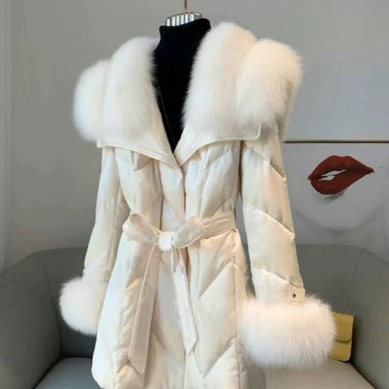 Women’s down jacket, fur‑trimmed collar and cuffs, belted, apricot, sizes S–L