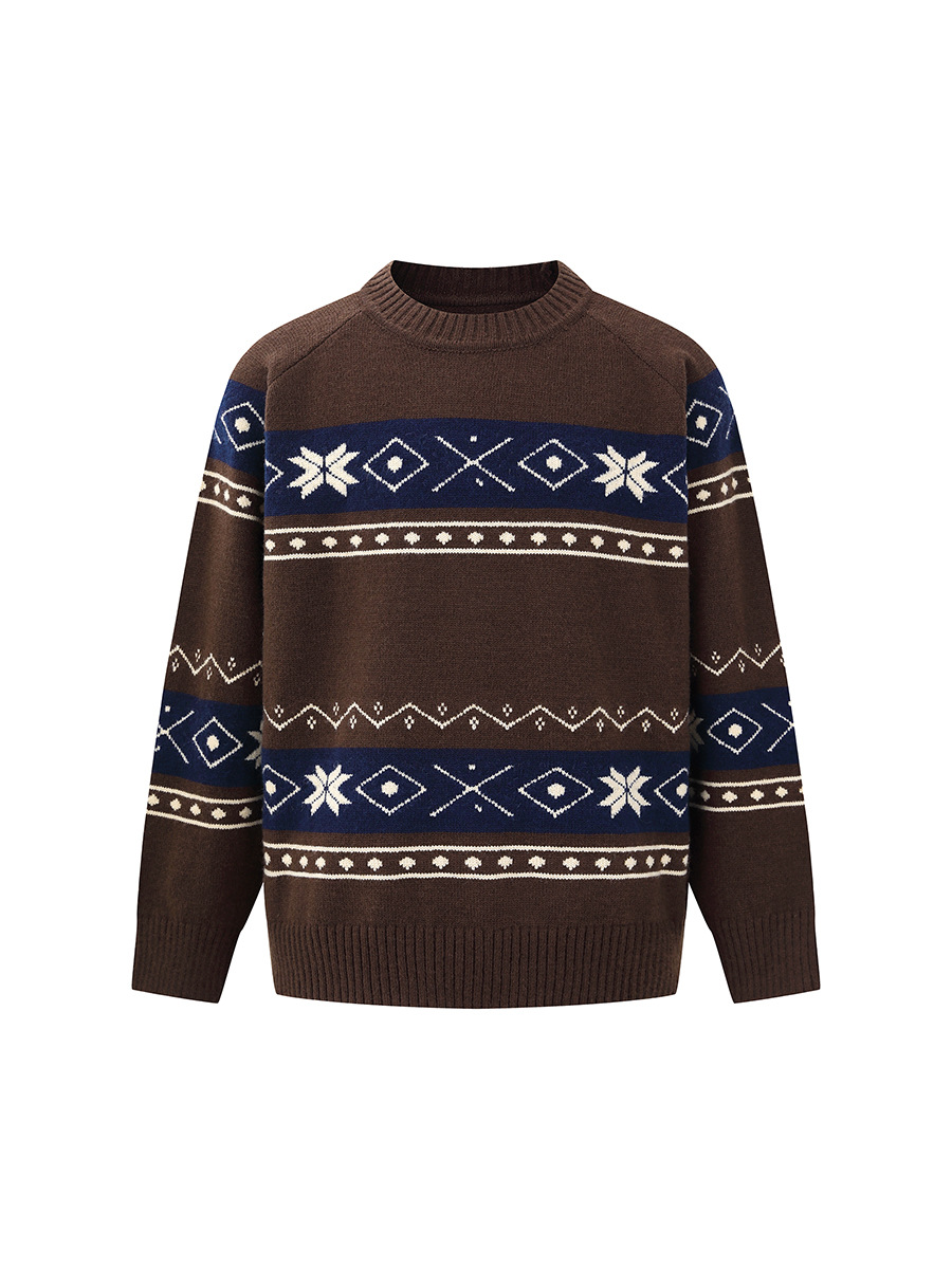 Autumn retro ethnic knitted sweater with a round collar for men and…