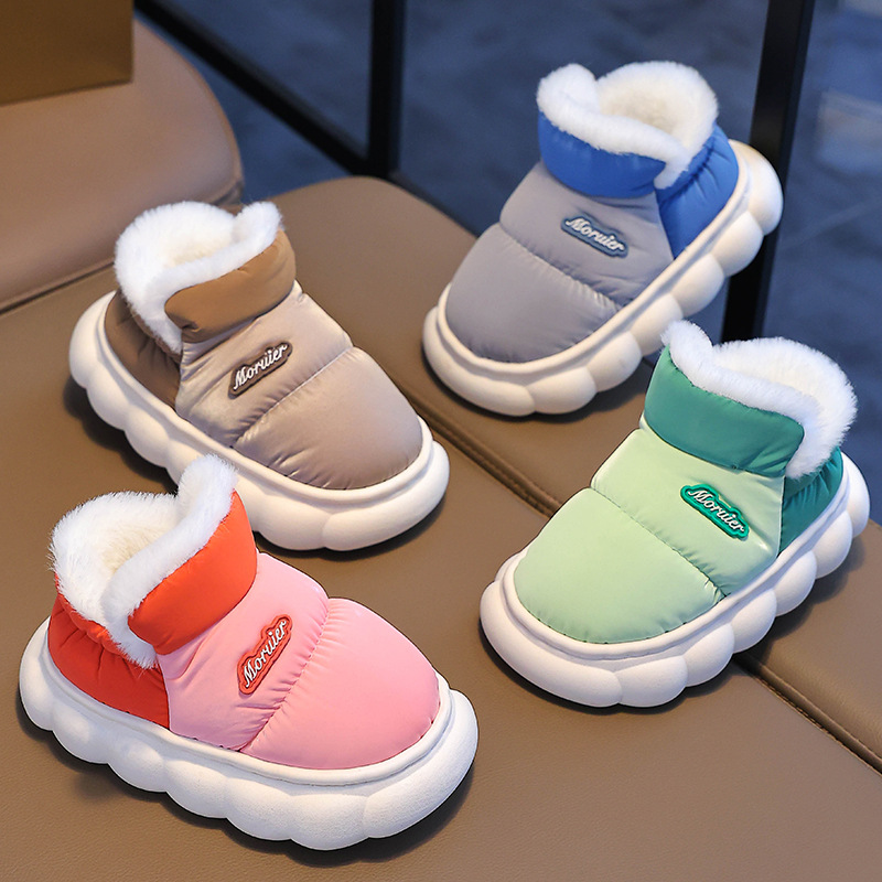 Zapatillas de algodón caseras de invierno para niños impermeables y cálidas, tela de pluma, bolsas de tacones de algodón para niños y niños