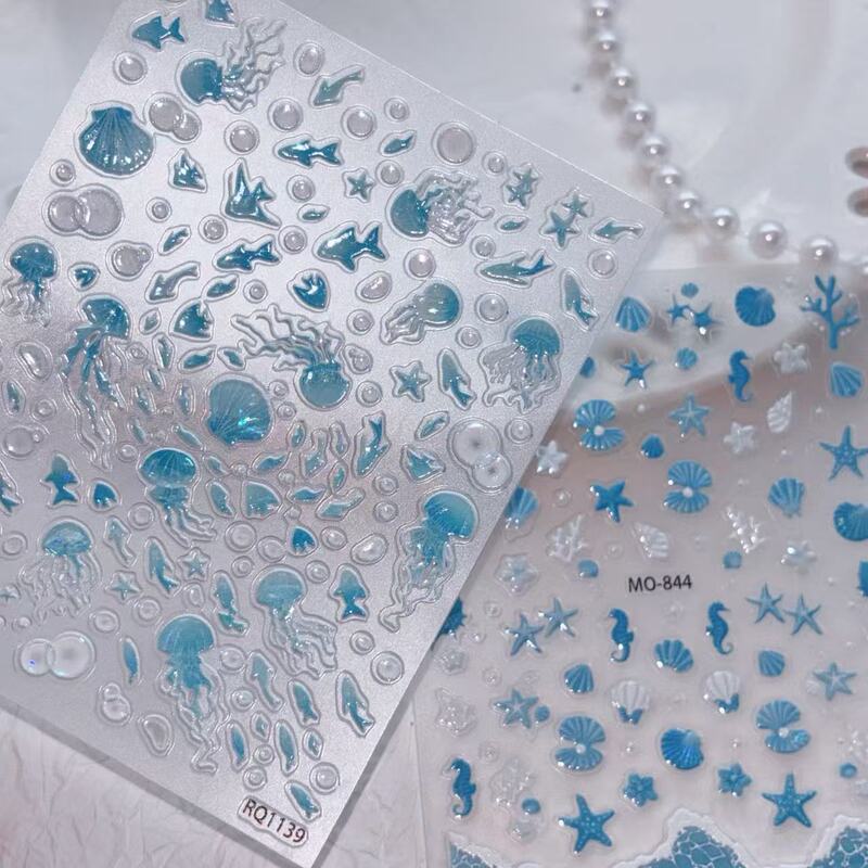 Summer Dream Jellyfish Shell Glitter Stickers for Nail Art, Starfish, Ocean Conch DIY Pen Holder, Water Cup, Journal, CCD Decoration