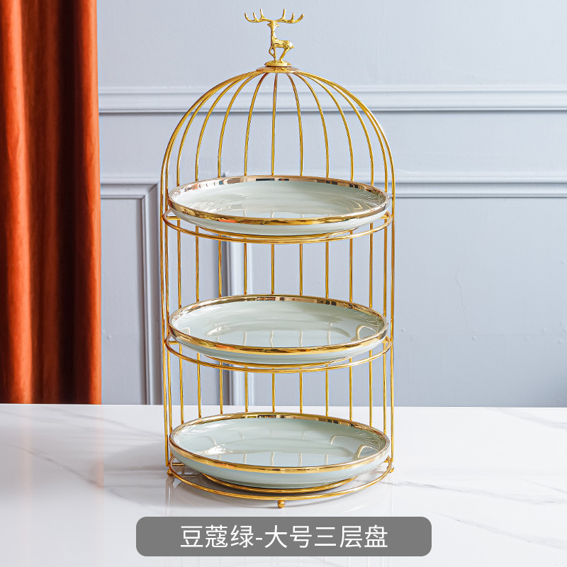 Plato de fruta de cerámica de lujo ligero mesa de café de la sala de estar cesta de frutas en casa plato de pastel de caramelo creativo adornos de almacenamiento de postre de doble capa