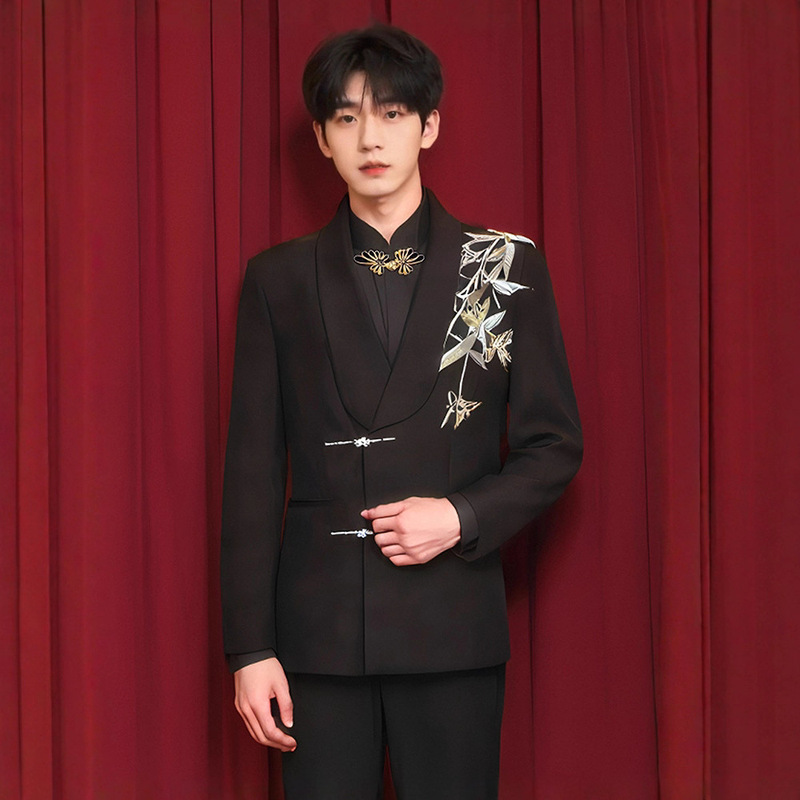 Chinese Wedding Groom Suit Men's Suit Tuxedo Welcoming Groom Official Groomsmen Embroidery Elders Traditional Modern Dress