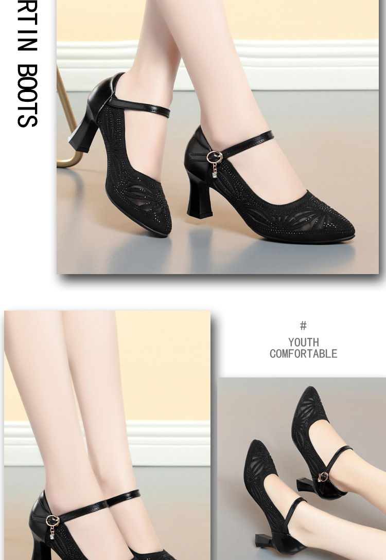 Sandal cao gót nữ hở mũi da lưới thoáng khí, gót vuông ổn định — Màu be chi tiết 5