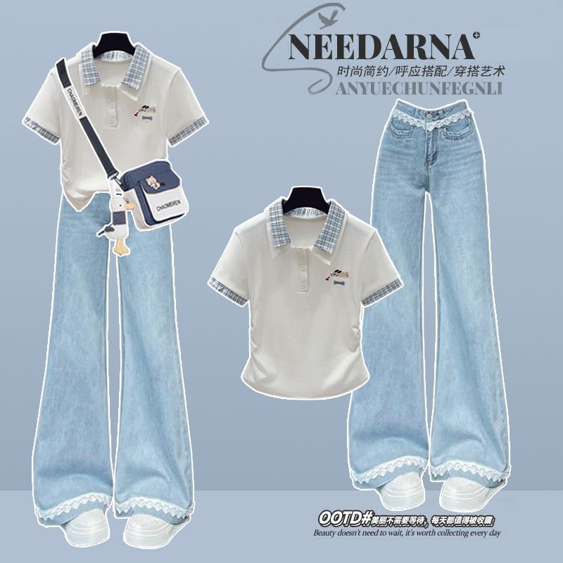 Fashionable Outfit # Cartoon Embroidered Plaid Polo Collar Short-Sleeve Top Paired with Denim Flared Long Pants with Lace Trim. Fashionable Outfit # Cartoon Embroidered Plaid Polo Collar Short-Sleeve Top Paired with Denim Flared Long Pants with Lace Trim.