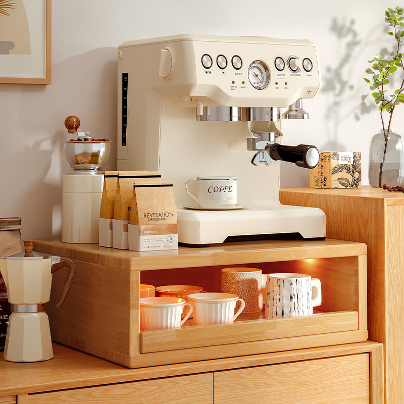 Estante para máquina de café de madera maciza, mesa, portavasos a prueba de polvo, taza de agua, taza de té, soporte de almacenamiento para taza de café, disposición de esquina de café