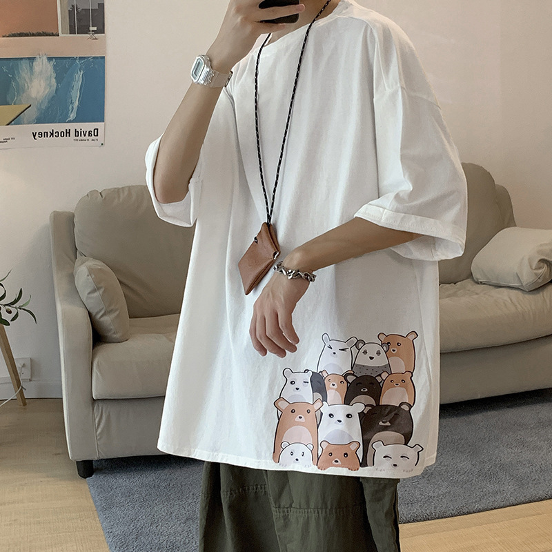 Cartoon Half-Sleeve T-Shirt Men's Short-Sleeved ins Fashionable Summer Hong Kong-Style Loose Hoodie Teenager Cotton Top