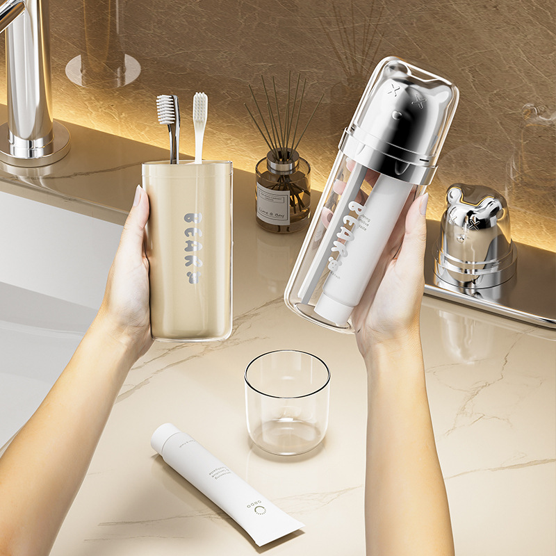 Taza de enjuague de oso portátil de viaje 3 en 1 caja de almacenamiento de aparatos dentales de alto valor facial artículos de higiene