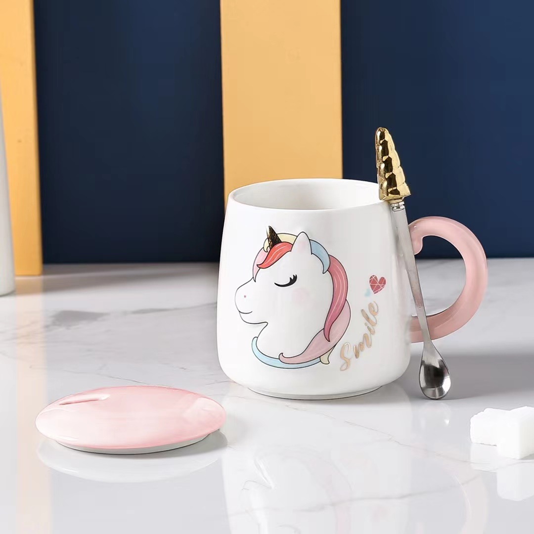 Creativo personalizado en relieve unicornio Taza de cerámica con tapa cuchara estilo coreano Oficina beber chica corazón