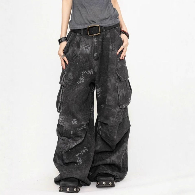American Wasteland Style Camouflage Snake Print Cargo Jeans Women's Street Hip-Hop Multi-Pocket Loose Wide-Leg Cargo Pants