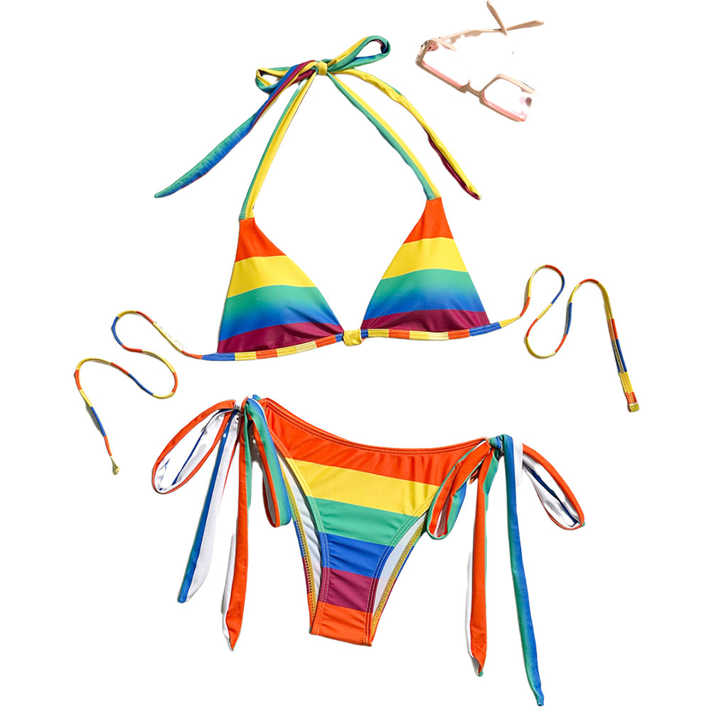Bikini a righe arcobaleno – Costume da bagno sexy a vita alta (taglie S-L, poliestere-spandex, senza ferretto, per spiaggia e piscina)_voghion.com