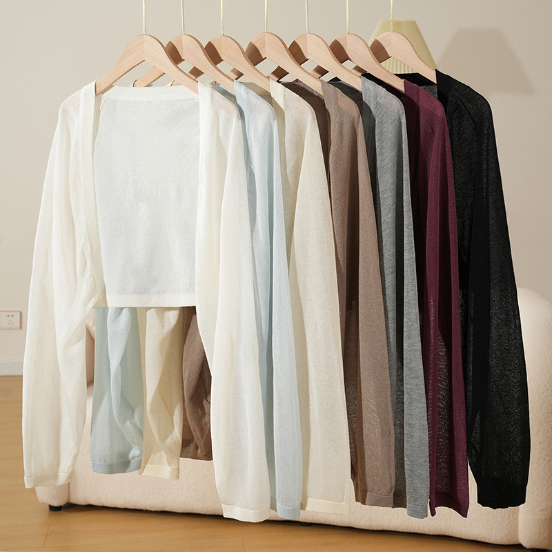 Lyocell Tencel Summer Thin Knit Sun-Protective Cardigan for Women, Small Shawl, Slip Dress Cover-Up, Long-Sleeve Women's Top