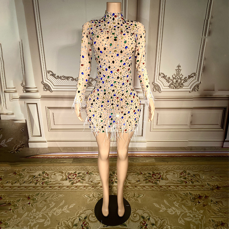 Novance Luxury Color Diamond Long Sleeve Mini Feather Dress Sexy Translucent Women's Birthday Party Skirt