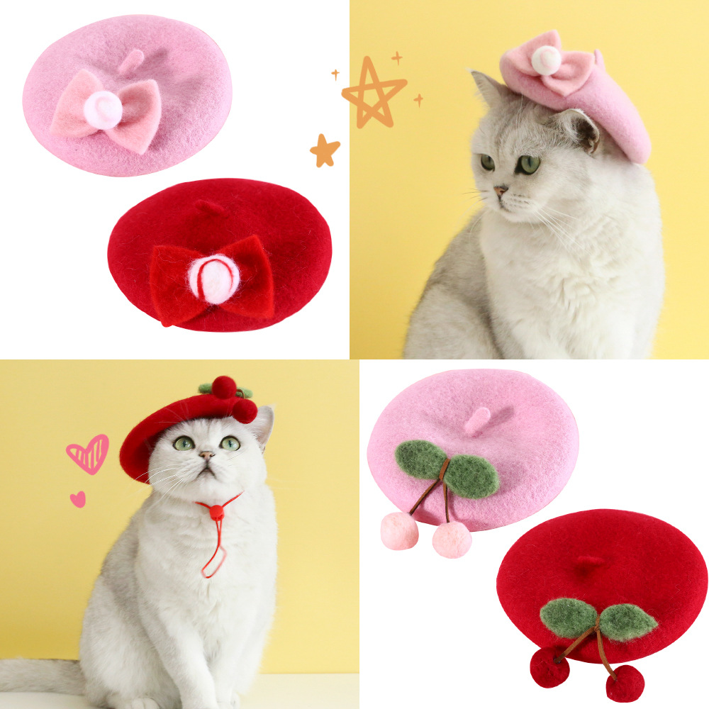 Mascota gato de lana pintor Bud sombrero arco cereza linda princesa pintor sombrero Año Nuevo a juego Navidad