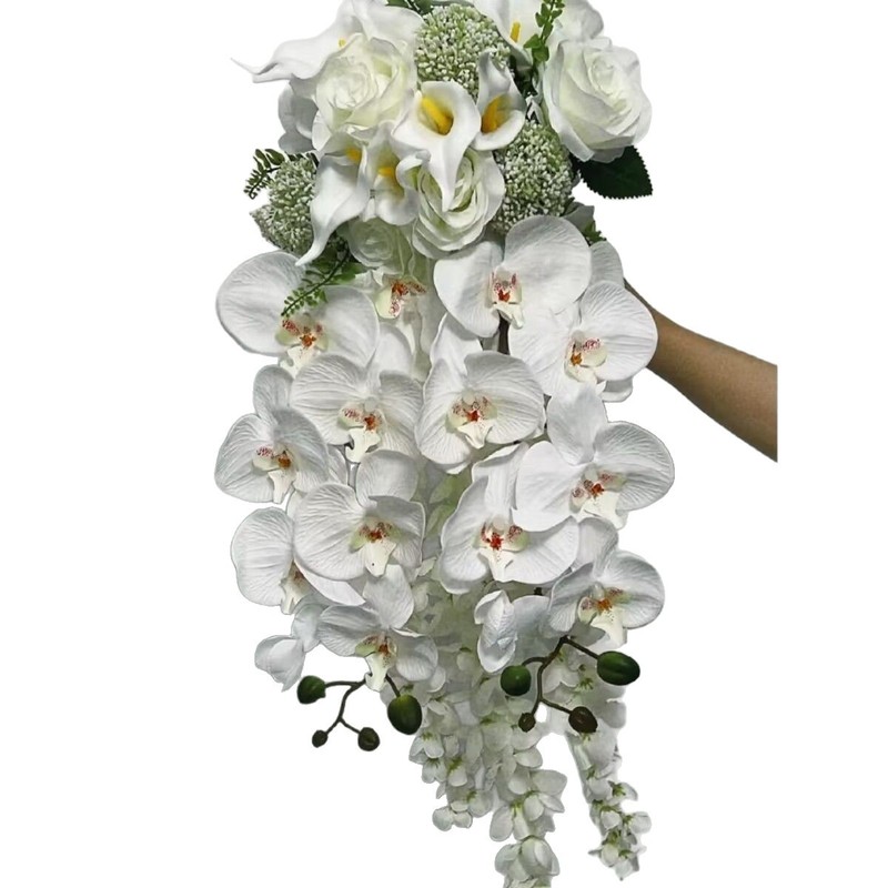 手捧花瀑布垂坠感新娘花束 结婚摄影花绿白假花家居台面装饰|undefined