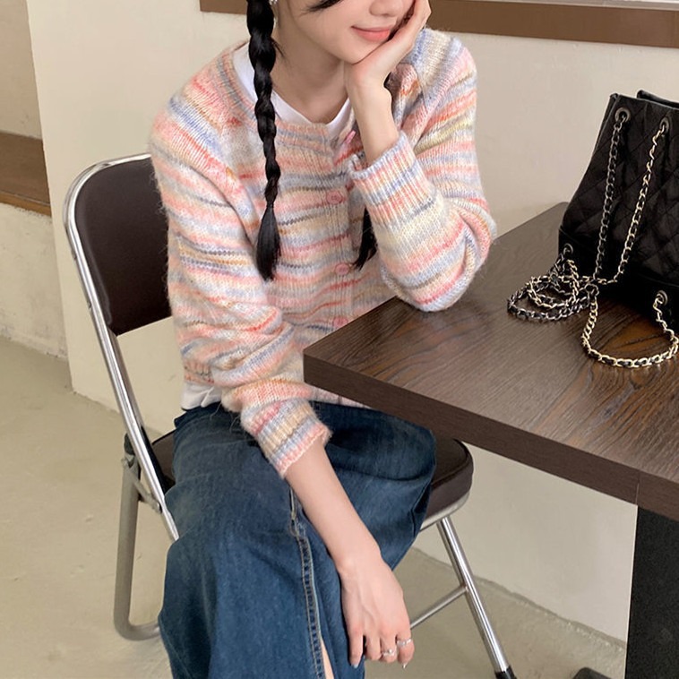 Colorido cuello redondo simple cardigan para mujeres 2023 otoño e invierno nuevo todo-juego abrigo manga larga suelta adelgazamiento ropa de abrigo suéter image 3