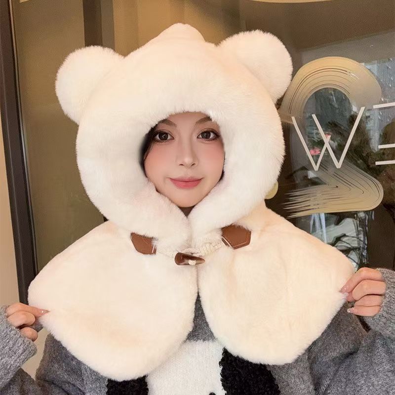 两件套帽子女秋冬韩版百搭连帽披肩冬季加厚保暖护耳毛绒围脖坎肩|undefined