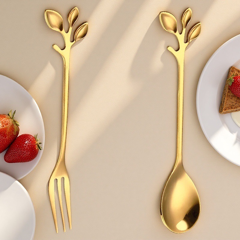 Stainless Steel Leaf Design Coffee Spoon And Dessert Fork Set_voghion.com