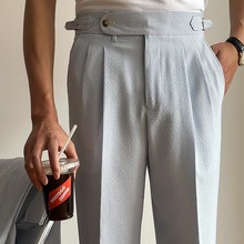条纹西裤男春夏季薄款意式宽松直筒男士休闲裤巴黎扣商务西装裤子