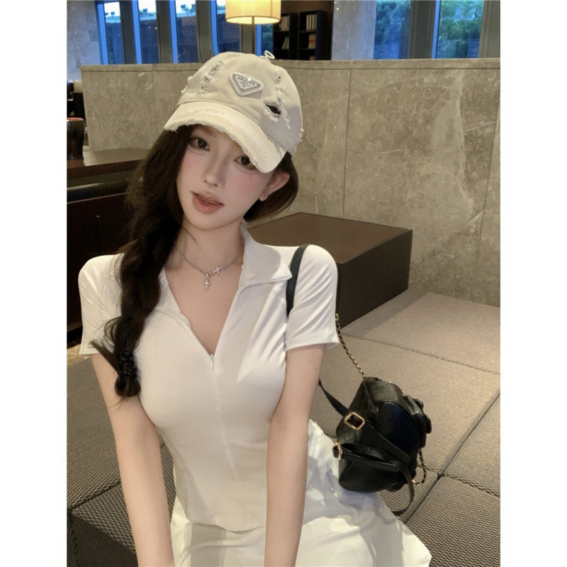 실제 가격 실제 샷 ~ 스포츠 세트 여성 여름 새로운 캐주얼 폴로 티셔츠 재킷 순수 짧은 치마 투피스 세트