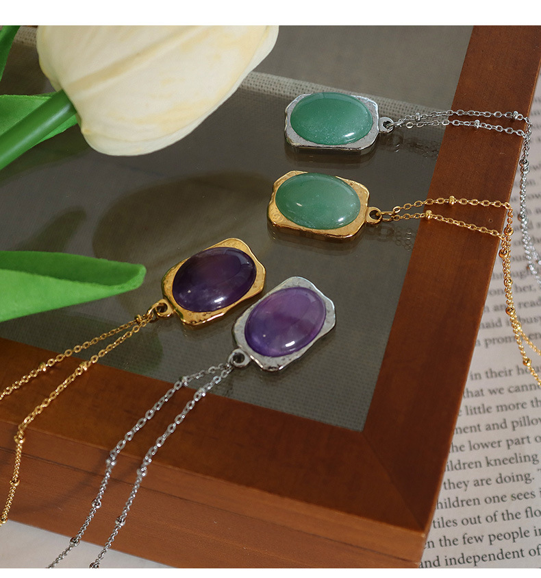 Fashion Titanium Steel Retro Green Purple Natural Stone Pendant Necklace_colorza_7