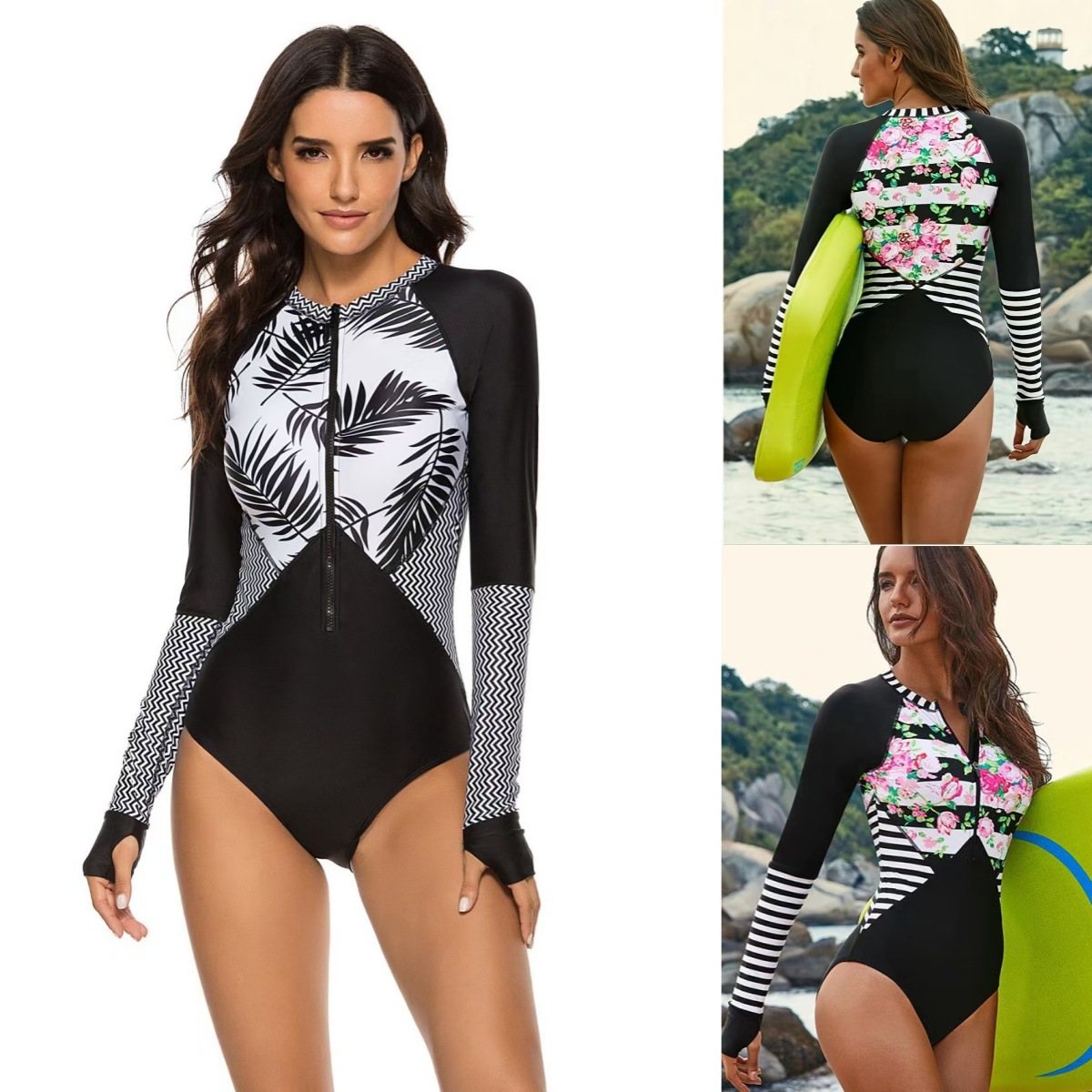 欧美泳衣女新款连体游泳衣冲浪服拉链款泳装保守长袖印花潜水服女