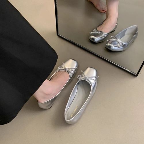 2025 Spring French Retro Bow Strap Low-top Versatile Women's New Flat Square Head Chickpea Shoes