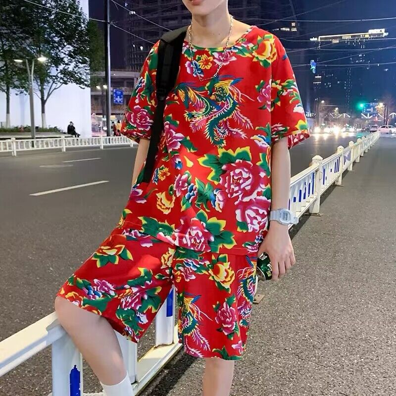 Northeast China floral print clothing, men's and women's ethnic folk dance costume, rural retro short-sleeved T-shirt and shorts set for summer.