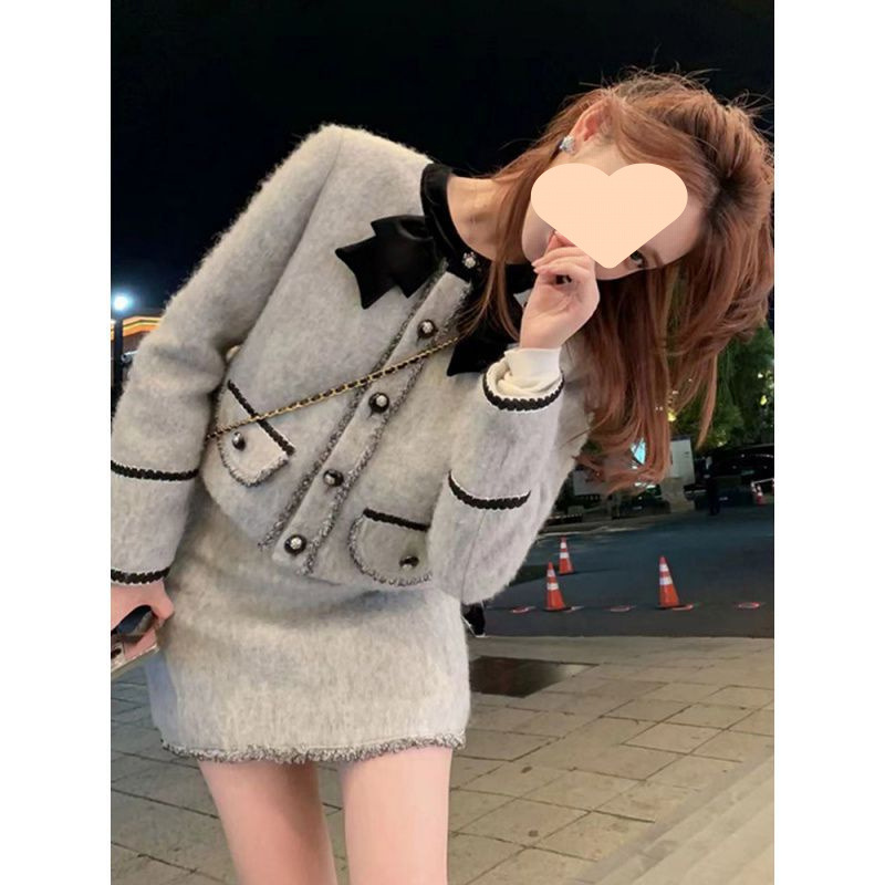 고급 향수 스타일 세트 여성 가을과 겨울 레트로 작은 원피스 서양 스타일 유행 우아한 사교계 스커트 투피스 세트