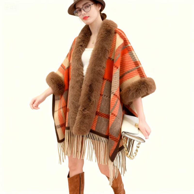 Cross-Border Women's Shawl for Autumn and Winter, Casual Plaid Fringe Cape, Elegant Versatile Cape, Stylish Shawl Blanket