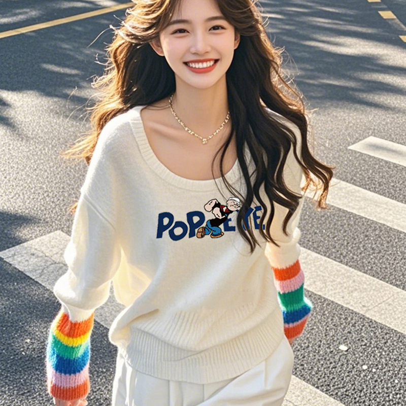 High-end White Color Strip Letter Knitted Sweater Women's Autumn 2024 New Super Beautiful Western Style Age-reducing Casual Top
