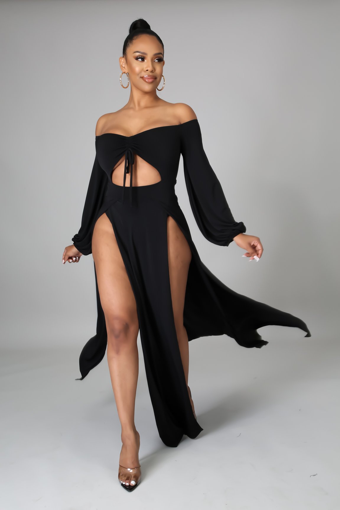 Solid Color Off-Shoulder Hollow Long Sleeve Slit Dress NSMRF116540