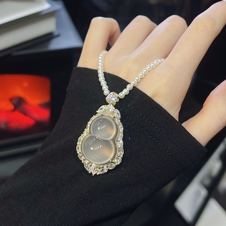 Mặt dây chuyền vòng cổ chalcedony bầu đá cao tự nhiên kiểu mới 2024 Fuluhao dát phong cách Trung Quốc mới — Bạc (bạc s925), Vàng 14k, Bạch kim, Vàng hồng chi tiết 10