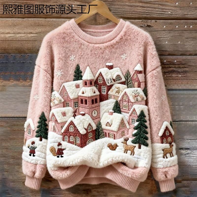 2025圣诞节新爆款独立站亚马逊欧美跨境秋冬上衣女圆领卫衣仿毛