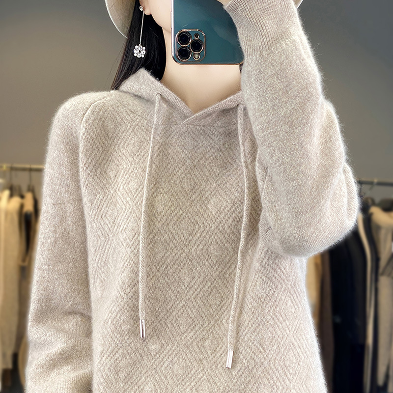 Design Jacquard Hooded Pullover Knitted Sweater Women's Long Sleeve Sweater Loose Casual Hoodie Solid Color Short Top