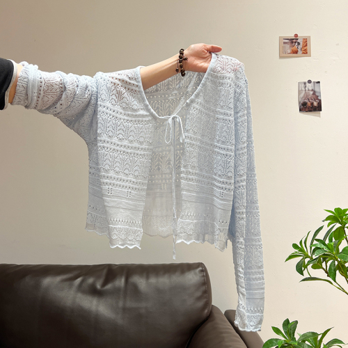 Korean ice silk knitted cardigan for women's summer thin long-sleeved short sunscreen shawl outer jacket hollow blouse top