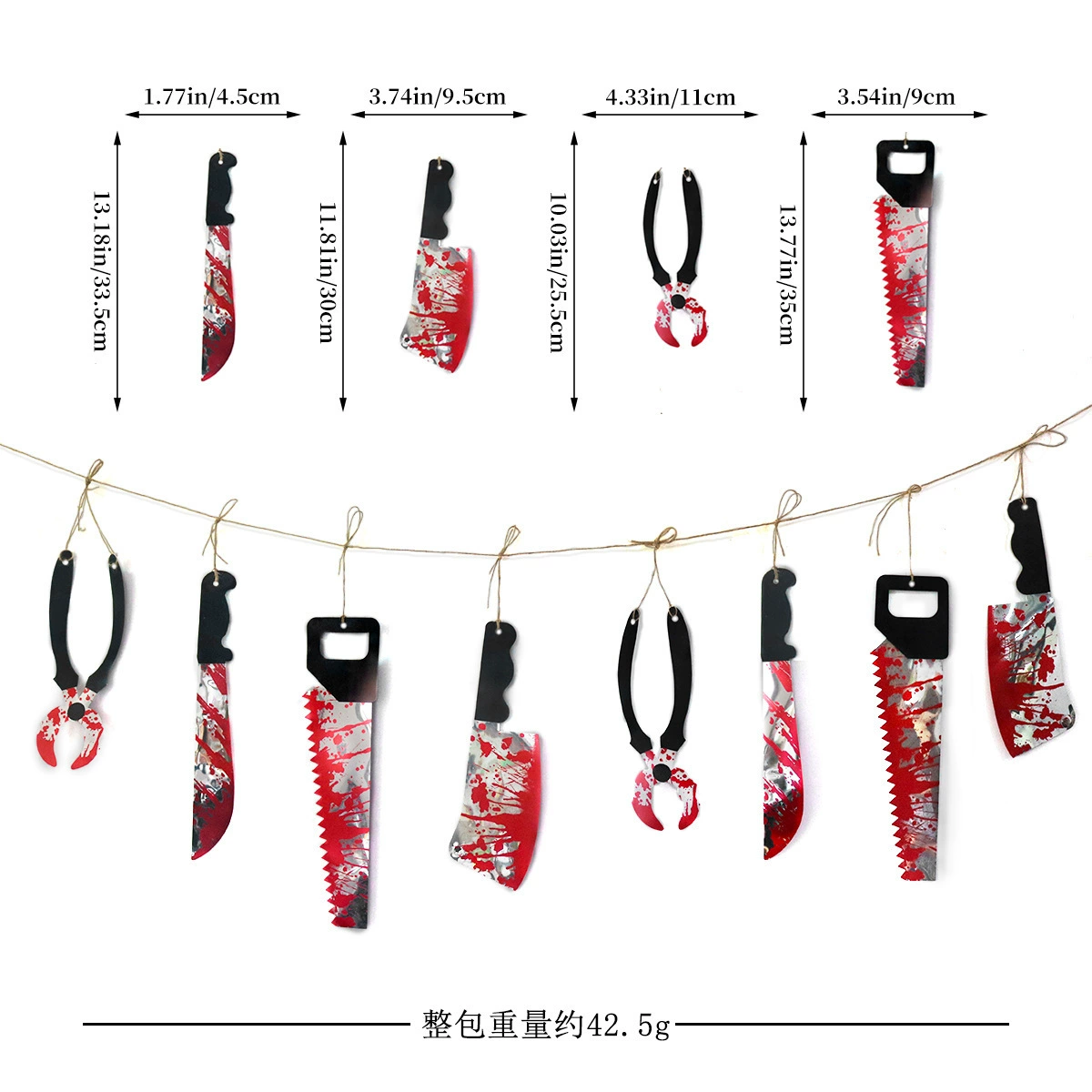Halloween PVC hanging decorations — blood knife garland, severed hands/feet, stickers and warning tape