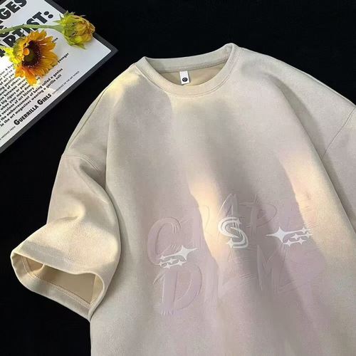 Summer Heavyweight New Arrival American Calfskin Print Crew Neck Short Sleeve Streetwear Couple Bestselling Loose Fit Versatile Casual Top