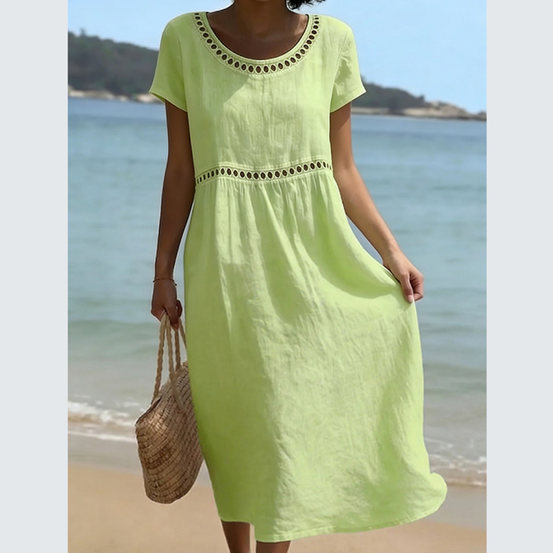 Amazon 2026 European and American Cross-Border Foreign Trade Women's New Summer Round-Neck Short-Sleeved Lace Solid Color Cotton and Linen Dress Amazon 2026 European and American Cross-Border Foreign Trade Women's New Summer Round-Neck Short-Sleeved Lace Solid Color Cotton and Linen Dress