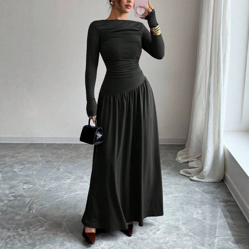 Cross-border European and American high-end autumn and winter new long-sleeve pleated waist off-shoulder slimming solid color elegant long dress