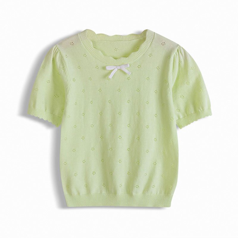 Transfronterizos de clase A niños cuello redondo hueco arco de verano delgado camiseta de manga corta niñas transpirables camisas de punto al por mayor