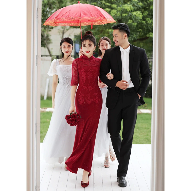 Платье для тостов невесты винно-Красного цвета Cheongsam в китайском стиле, женское свадебное обручальное длинное платье-рыбий хвост, сексуальное облегающее осенне-зимнее