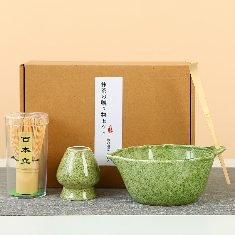 日式树叶带嘴抹茶碗日本点茶器陶瓷茶筅立抹茶勺百本立打抹茶工具|undefined