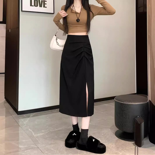 Women's Summer New High-Waisted Medium-Length Pleated Side-Slit French Hepburn Style A-Line Bodycon One-Step Skirt